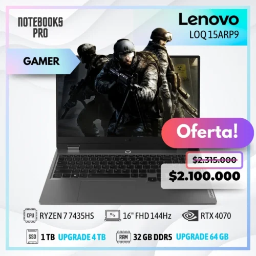 LENOVO LOQ 15ARP9 - RYZEN 7 7435HS - SSD 1 TB - 32 GB RAM DDR5 - RTX 4070 - 15.6" FHD 144Hz