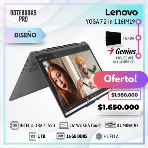LENOVO YOGA 7 2-in-1 16IML9 - Intel Core Ultra 7 155U - SSD 1 TB - 16 GB DDR5 - 16" WUXGA IPS Touch °360 - Teclado Retroiluminado - Lector de Huella