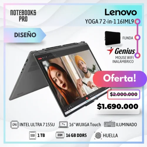 LENOVO YOGA 7 2-in-1 16IML9 - Intel Core Ultra 7 155U - SSD 1 TB - 16 GB DDR5 - 16" WUXGA IPS Touch °360 - Teclado Retroiluminado - Lector de Huella