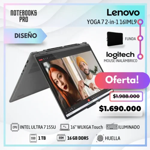 LENOVO YOGA 7 2-in-1 16IML9 - Intel Core Ultra 7 155U - SSD 1 TB - 16 GB DDR5 - 16" WUXGA IPS Touch °360 - Teclado Retroiluminado - Lector de Huella