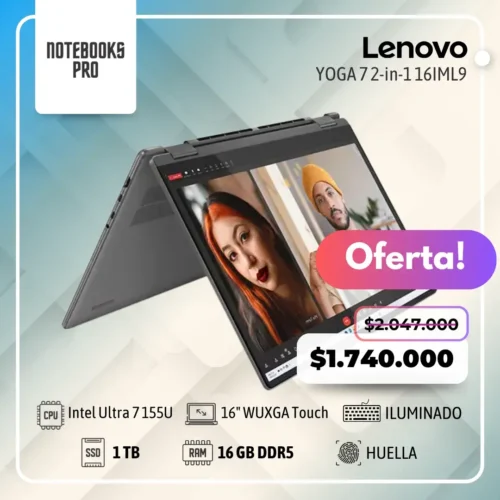 LENOVO YOGA 7 2-in-1 16IML9 - Intel Core Ultra 7 155U - SSD 1 TB - 16 GB DDR5 - 16" WUXGA IPS Touch °360 - Teclado Retroiluminado - Lector de Huella
