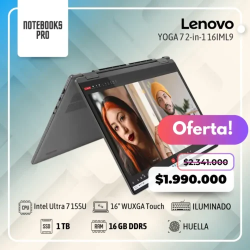 LENOVO YOGA 7 2-in-1 16IML9 - Intel Core Ultra 7 155U - SSD 1 TB - 16 GB DDR5 - 16" WUXGA IPS Touch °360 - Teclado Retroiluminado - Lector de Huella