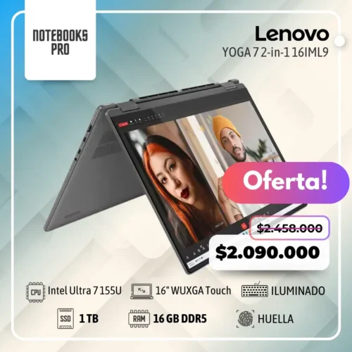 LENOVO YOGA 7 2-in-1 16IML9 - Intel Core Ultra 7 155U - SSD 1 TB - 16 GB DDR5 - 16" WUXGA IPS Touch °360 - Teclado Retroiluminado - Lector de Huella
