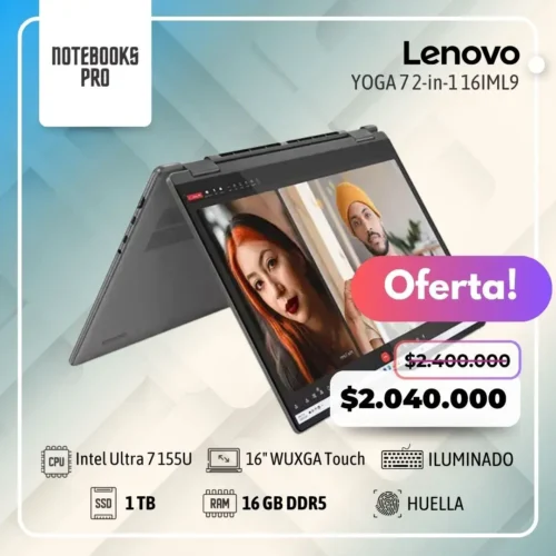 LENOVO YOGA 7 2-in-1 16IML9 - Intel Core Ultra 7 155U - SSD 1 TB - 16 GB DDR5 - 16" WUXGA IPS Touch °360 - Teclado Retroiluminado - Lector de Huella