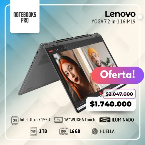 LENOVO YOGA 7 2-in-1 16IML9 - Intel Core Ultra 7 155U - SSD 1 TB - 16 GB DDR5 - 16" WUXGA IPS Touch °360 - Teclado Retroiluminado - Lector de Huella