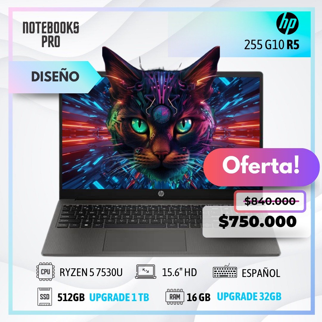 HP 255 G10 – Ryzen 5 7530U, 16GB RAM, 512GB SSD, 15.6" FHD, Win 11 Pro, Nuovo 2025