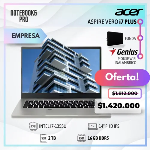 ACER ASPIRE VERO PLUS - i7-1355U - SSD 2TB - 16 GB RAM DDR5 - 14" FHD IPS - Intel Iris Xe Graphics