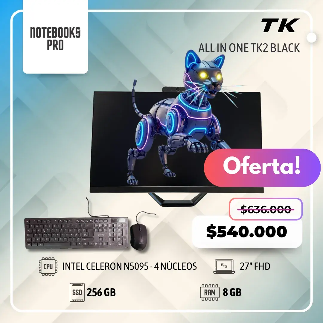 TK2 BLACK ALL IN ONE - CELERON N5095 - SSD 256 - 8 GB RAM - 27" FHD - 4 Núcleos