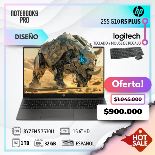 HP 255 G10 R5 PLUS - RYZEN 5 7530U - SSD 1 TB - 32 GB RAM - 15.6" HD + Combo Hotsale
