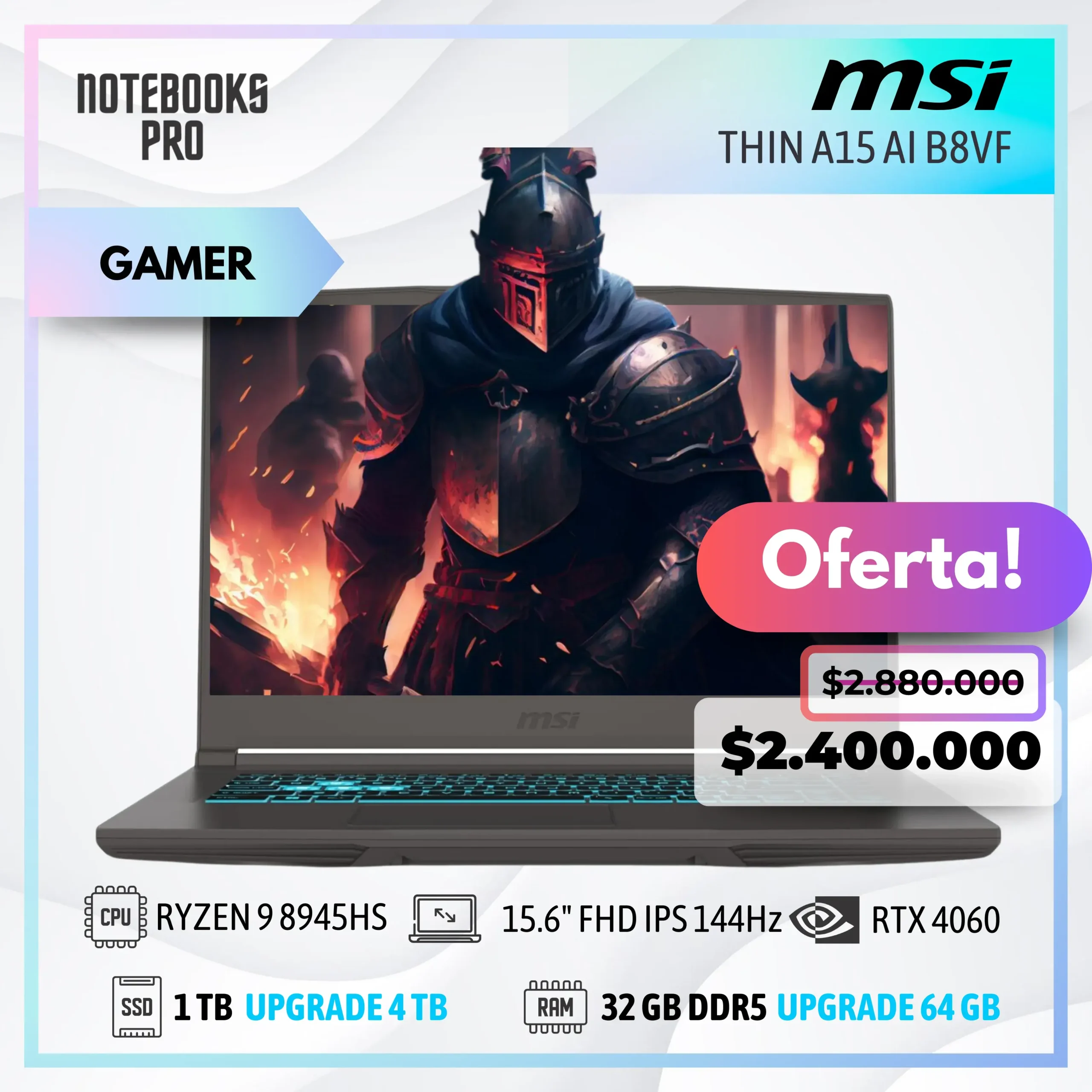 MSI THIN A15 AI B8VF - RYZEN 9 8945HS - SSD 1 TB - 32 GB RAM DDR5 - RTX 4060 - 15.6" FHD IPS 144Hz