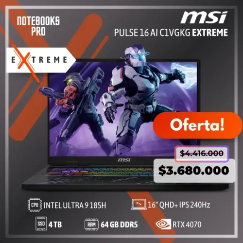 MSI PULSE 16 AI C1VGKG EXTREME - Intel Core ULTRA 9 185H - SSD 4 TB - 64 GB RAM DDR5 - 16" QHD+ IPS 240Hz - RTX 4070