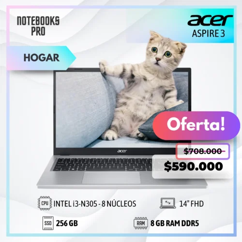 ACER ASPIRE 3 - i3-N305 - SSD 256 GB - 8 GB RAM DDR5 - 14'' FHD - 8 Núcleos