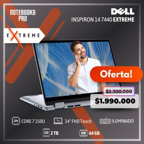 DELL INSPIRON 14 7440 2 in 1 EXTREME - INTEL CORE 7 150U - SSD 2 TB - 64 GB RAM DDR5 - 14" FHD+ Touch