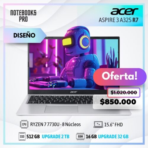 ACER ASPIRE 3 A325 - RYZEN 7 7730U - SSD 512 GB - 16 GB RAM - 15.6" FHD - 8 Núcleos