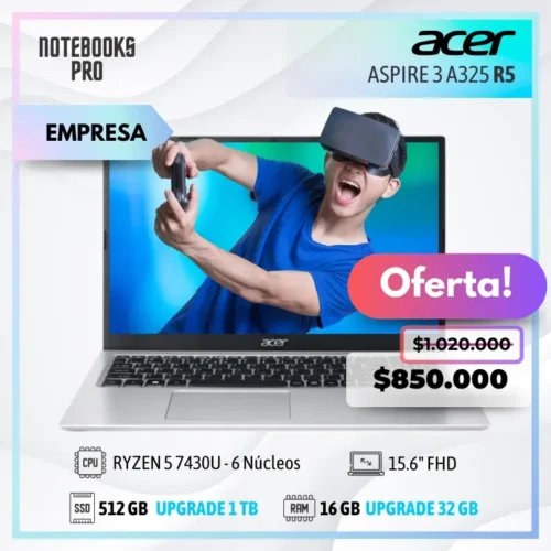 ACER ASPIRE 3 A325 - RYZEN 5 7430U - SSD 512 GB - 16 GB RAM - 15.6" FHD - 6 Núcleos