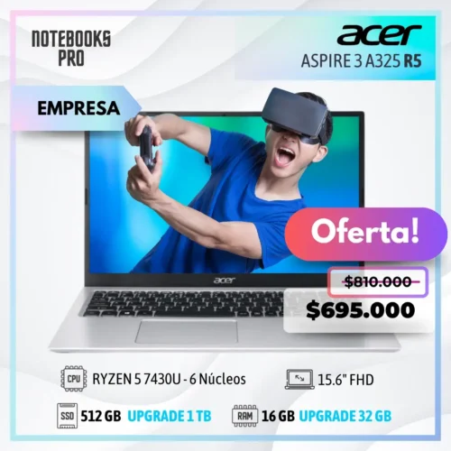 ACER ASPIRE 3 A325 - RYZEN 5 7430U - SSD 512 GB - 16 GB RAM - 15.6" FHD - 6 Núcleos