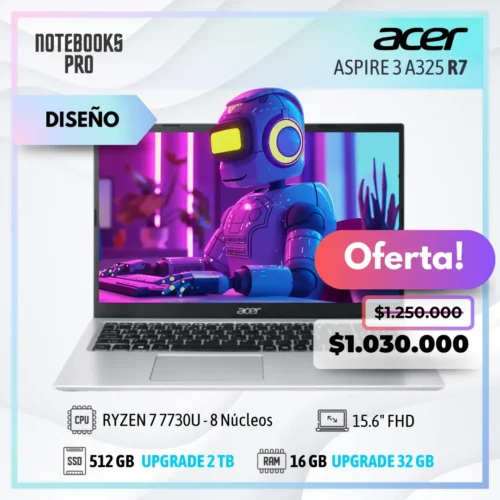 ACER ASPIRE 3 A325 - RYZEN 7 7730U - SSD 512 GB - 16 GB RAM - 15.6" FHD - 8 Núcleos