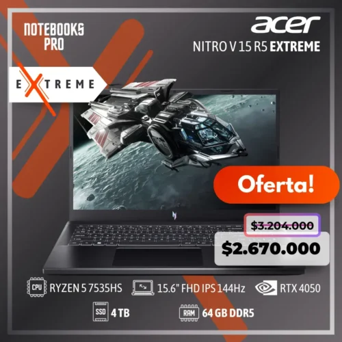 ACER NITRO V 15 R5 EXTREME - RYZEN 5 7535HS - SSD 4 TB - 64 GB RAM DDR5 - RTX 4050 - 15.6" FHD IPS 144Hz