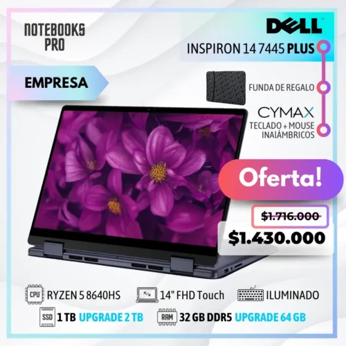 DELL INSPIRON 14 7445 2-IN-1 PLUS - RYZEN 5 8640HS - SSD 1 TB - 32 GB RAM DDR5 - 14" FHD+ Touch + KIT TECLADO + MOUSE WIRELESS CYMAX + FUNDA DE REGALO