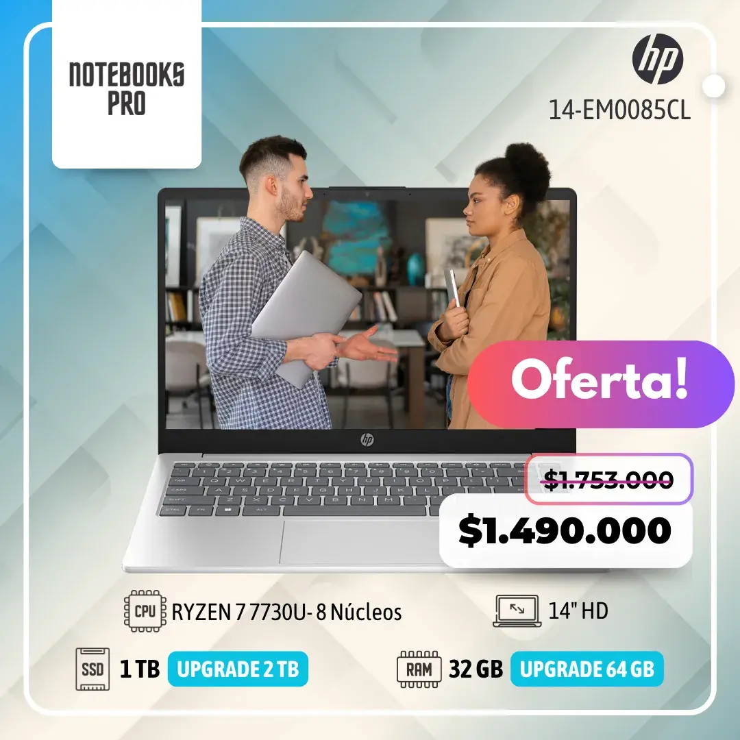 HP 14-EM0085CL - RYZEN 7 7730U - SSD 1 TB - 32 GB RAM - 14" HD - 8 Núcleos