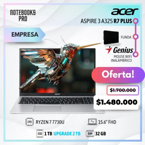 ACER ASPIRE 3 A325 PLUS - RYZEN 7 7730U - SSD 1 TB - 32 GB RAM - 15.6" FHD - 8 Núcleos