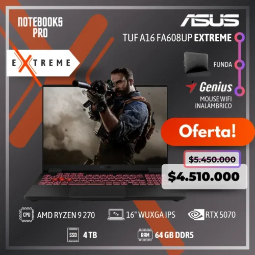 ASUS TUF A16 FA608UP EXTREME - RYZEN 9 270 - SSDS 4 TB - 64 GB DDR5 - RTX 5070 - 16" WUXGA IPS