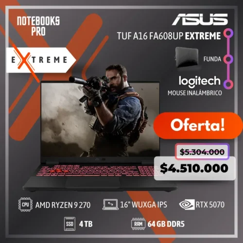 ASUS TUF A16 FA608UP EXTREME - RYZEN 9 270 - SSDS 4 TB - 64 GB DDR5 - RTX 5070 - 16" WUXGA IPS