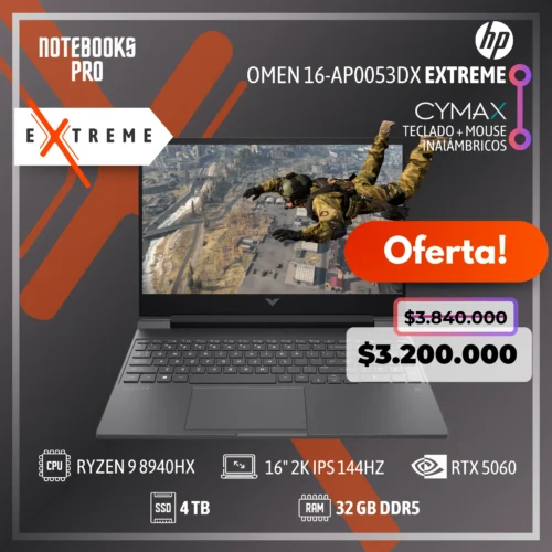HP OMEN 16-AP0053DX EXTREME - RYZEN 9 8940HX  - SSD 4 TB - 32 GB RAM DDR5 - RTX 5060 - 16" 2K IPS 144Hz + KIT TECLADO + MOUSE WIRELESS CYMAX