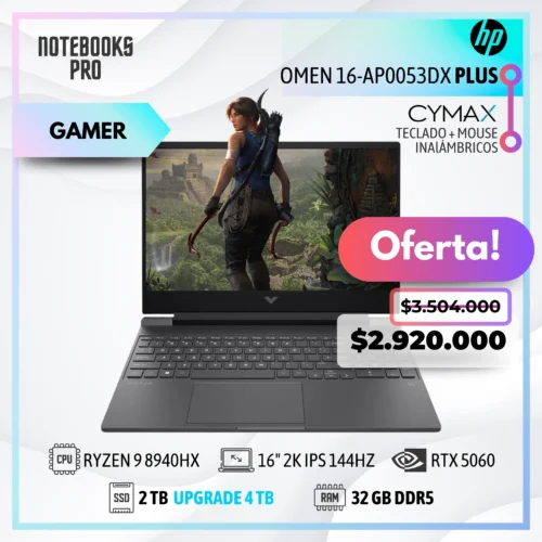 HP OMEN 16-AP0053DX PLUS - RYZEN 9 8940HX  - SSD 2 TB - 32 GB RAM DDR5 - RTX 5060 - 16" 2K IPS 144Hz + KIT TECLADO + MOUSE WIRELESS CYMAX