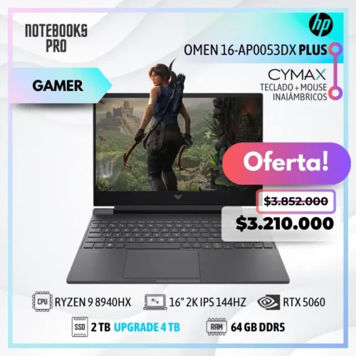 HP OMEN 16-AP0053DX PLUS - RYZEN 9 8940HX  - SSD 2 TB - 64 GB RAM DDR5 - RTX 5060 - 16" 2K IPS 144Hz + KIT TECLADO + MOUSE WIRELESS CYMAX