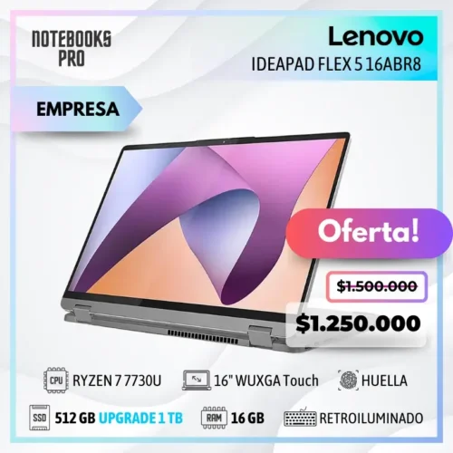 LENOVO IDEAPAD FLEX 5 16ABR8 - RYZEN 7 7730U - SSD 512 GB - 16 GB RAM - 16" WUXGA Touch