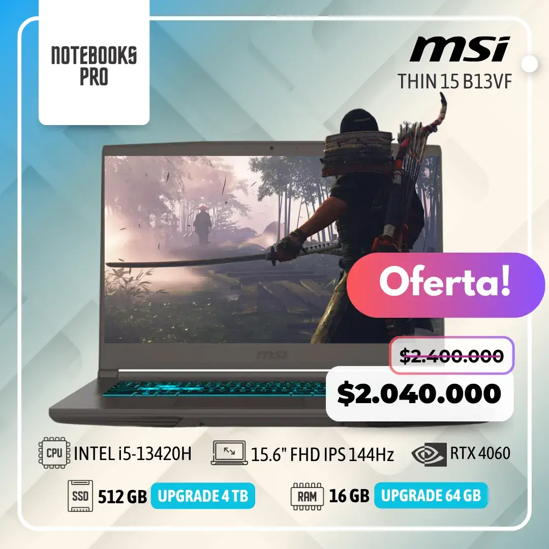 MSI THIN 15 B13VF - i5-13420H - SSD 512 GB - 16 GB RAM - RTX 4060 - 15.6" FHD IPS 144Hz