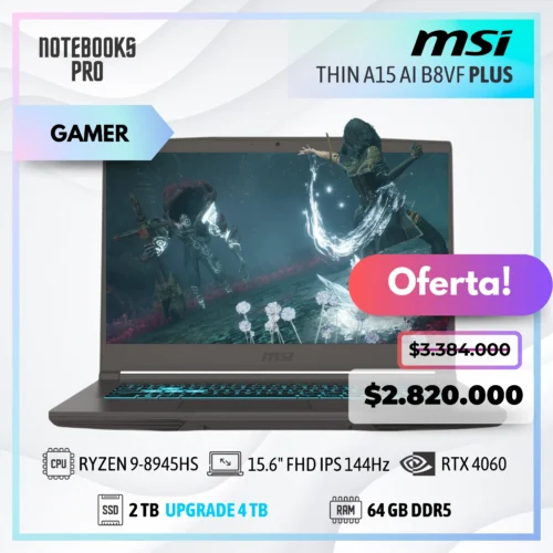 MSI THIN A15 AI B8VF PLUS - RYZEN 9 8945HS - SSD 2 TB - 64 GB RAM DDR5 - RTX 4060 - 15.6" FHD IPS 144Hz