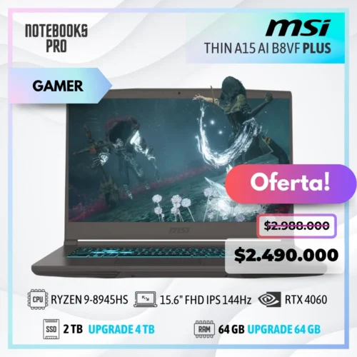 MSI THIN A15 AI B8VF PLUS - RYZEN 9 8945HS - SSD 2 TB - 64 GB RAM DDR5 - RTX 4060 - 15.6" FHD IPS 144Hz
