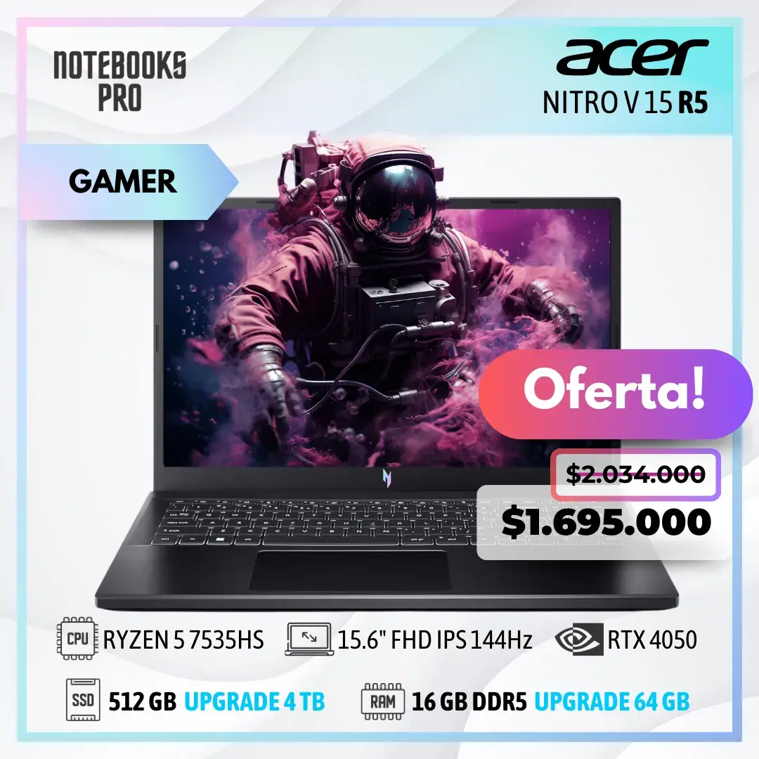 ACER NITRO V 15 R5 - RYZEN 5 7535HS - SSD 512 GB - 16 GB RAM DDR5 - RTX 4050 - 15.6" FHD IPS 144Hz