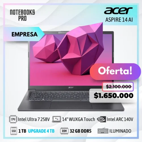 ACER ASPIRE 14 AI - Intel Core ULTRA 7 258V - SSD 1 TB - 32 GB RAM DDR5 - Intel ARC 140V - 14" WUXGA IPS Touch