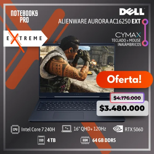 DELL ALIENWARE AURORA AC16250 Extreme - Intel Core 7 240H - SSD 4 TB - 64 GB RAM DDR5 - RTX 5060 - 16" QHD+ 120Hz + KIT TECLADO + MOUSE WIRELESS CYMAX