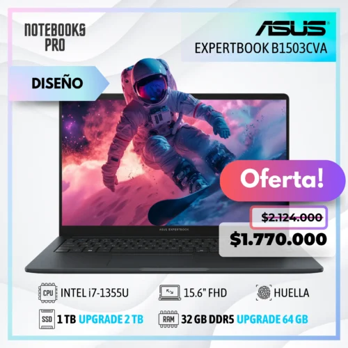 ASUS EXPERTBOOK B1503CVA - i7-1355U - SSD 1 TB - 32 GB RAM DDR5 - 15.6'' FHD - 10 Núcleos - Teclado retroiluminado - Lector de huella