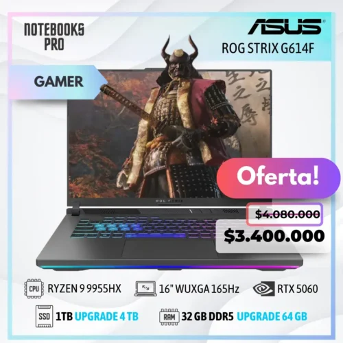 ASUS ROG STRIX G614F - RYZEN 9 9955HX - SSD 1TB - 32 GB RAM DDR5 - 16" WUXGA 165Hz - RTX 5060 - Teclado retroiluminado - 16 Núcleos