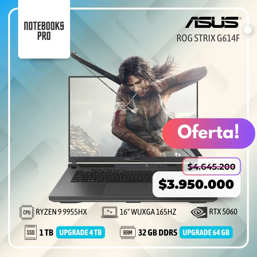 ASUS ROG STRIX G614F - RYZEN 9 9955HX - SSD 1TB - 32 GB RAM DDR5 - 16" WUXGA 165Hz - RTX 5060 - Teclado retroiluminado - 16 Núcleos