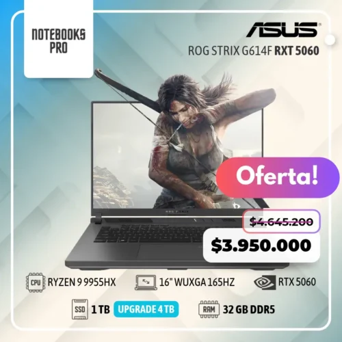 ASUS ROG STRIX G614F - RYZEN 9 9955HX - SSD 1TB - 32 GB RAM DDR5 - 16" WUXGA 165Hz - RTX 5060 - Teclado retroiluminado - 16 Núcleos