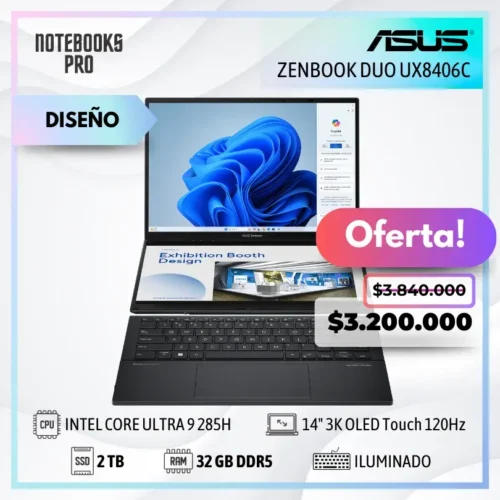 ASUS ZENBOOK DUO UX8406C - INTEL CORE ULTRA 9 285H - SSD 2 TB - 32 GB RAM DDR5 - 14" 3K OLED Touch 120Hz