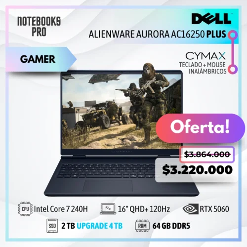 DELL ALIENWARE AURORA AC16250 Plus - Intel Core 7 240H - SSD 2 TB - 64 GB RAM DDR5 - RTX 5060 - 16" QHD+ 120Hz + KIT TECLADO + MOUSE WIRELESS CYMAX