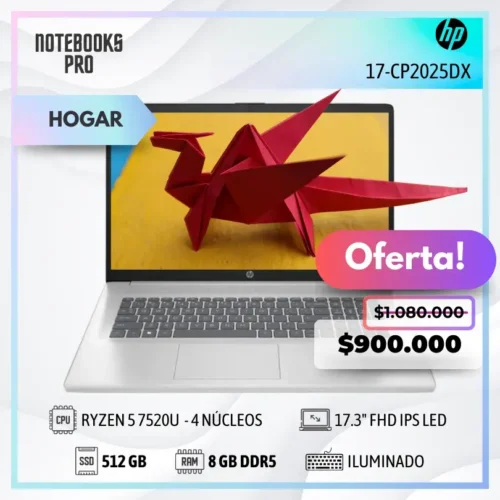 HP 17-CP2025DX - RYZEN 5 7520U - SSD 512 GB - 8 GB RAM DDR5 - 17.3" FHD IPS LED