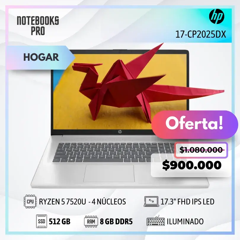 HP 17-CP2025DX - RYZEN 5 7520U - SSD 512 GB - 8 GB RAM DDR5 - 17.3" FHD IPS LED