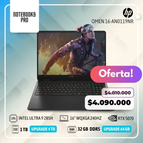 HP OMEN 16-AN0119NR - ULTRA 9 285H - SSD 1 TB - 32 GB RAM DDR5 - RTX 5070- 16" WQXGA 240Hz - Teclado Retroiluminado - 16 Núcleos
