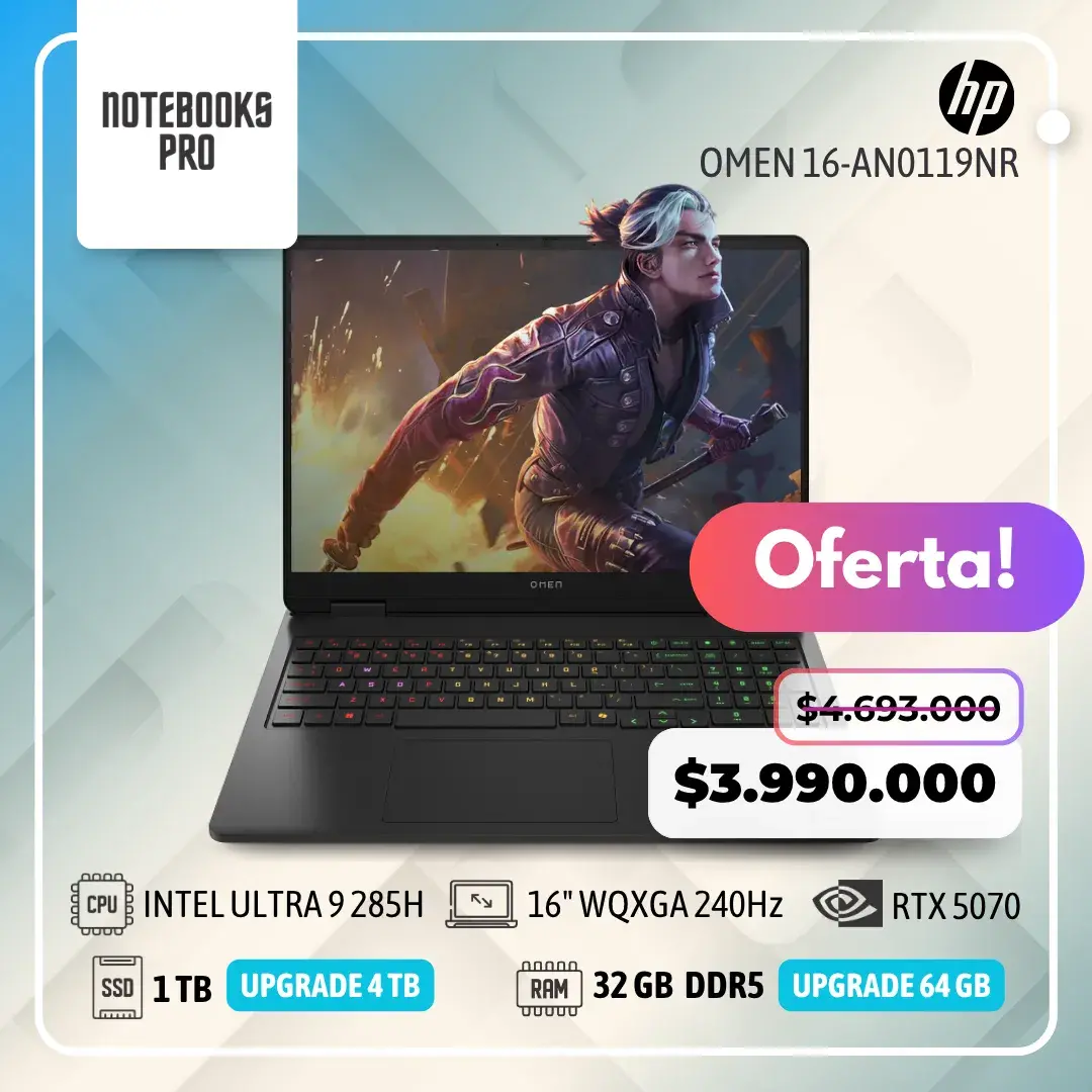 HP OMEN 16-AN0119NR - ULTRA 9 285H - SSD 1 TB - 32 GB RAM DDR5 - RTX 5070- 16" WQXGA 240Hz - Teclado Retroiluminado - 16 Núcleos