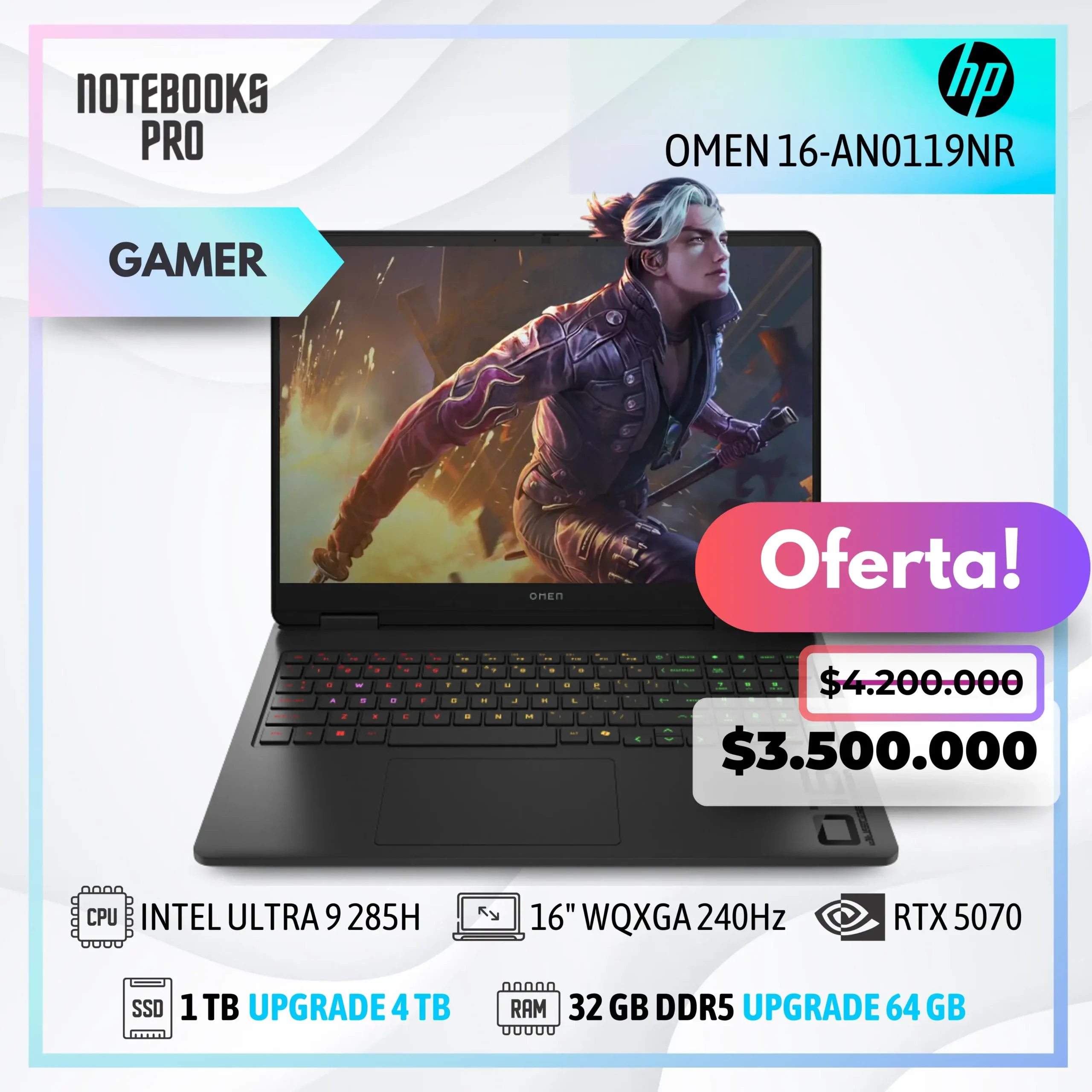 HP OMEN 16-AN0119NR - ULTRA 9 285H - SSD 1 TB - 32 GB RAM DDR5 - RTX 5070- 16" WQXGA 240Hz - Teclado Retroiluminado - 16 Núcleos