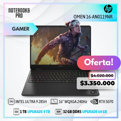 HP OMEN 16-AN0119NR - ULTRA 9 285H - SSD 1 TB - 32 GB RAM DDR5 - RTX 5070- 16" WQXGA 240Hz - Teclado Retroiluminado - 16 Núcleos