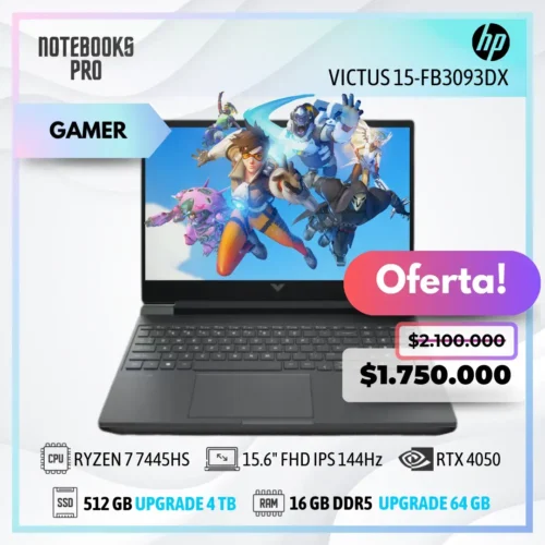 HP VICTUS 15-FB3093DX - RYZEN 7 7445HS - SSD 512 GB - 16 GB RAM DDR5 - 15.6" FHD IPS 144Hz - RTX 4050 - 6 núcleos - Teclado retroiluminado